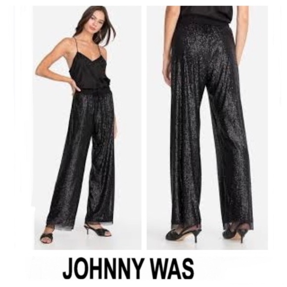 NWOT JOHNNY Was Black Grace Sequin Elastic Drawstring Waist Long Cocktail Pants - Picture 3 of 13